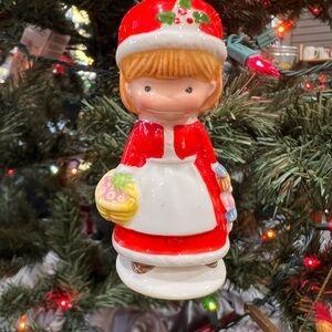 Vintage Joan Walsh Anglund Ceramic Girl Basket Doll Christmas Ornament 1981